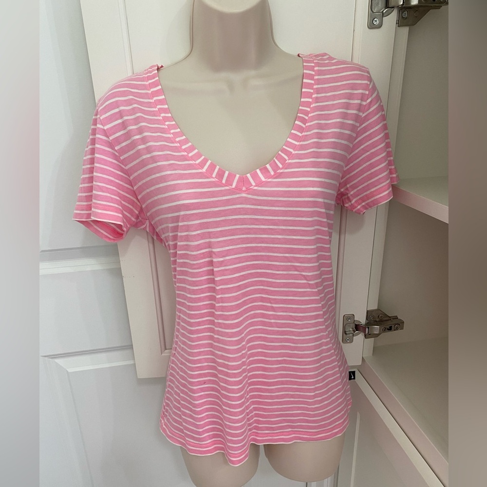 New the athletic department, Nike Pink and White Striped V-Neck Tee